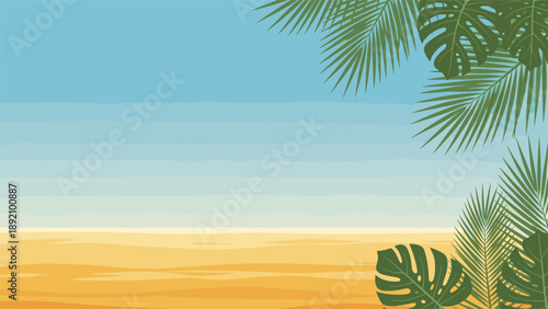 Tropical beach background with layers of sand and sea framed by green palm and monstera leaves in the corners for summer holiday concepts.