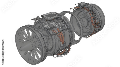 Jet Turbine Engine CAD Exploded Cutaway View Showing Internal Components Isolated on White Background