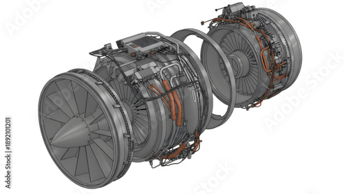 Jet Turbine Engine Realistic Exploded Cutaway View with Internal Components Low Light Render