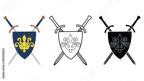 Three medieval shield logos with crossed swords in different colors and designs
