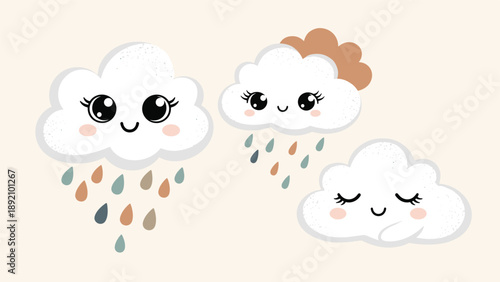Set of three cute cartoon clouds with faces including one with colorful rain drops and another sleeping peacefully for kids nursery decor.