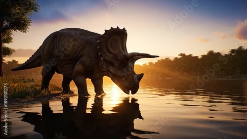 A triceratops stands by the serene lake at sunset with reflection on the calm water