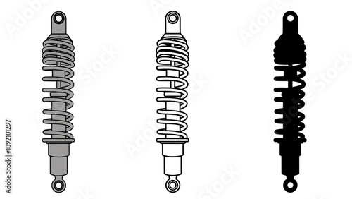 A set of three different shock absorbers on a white background