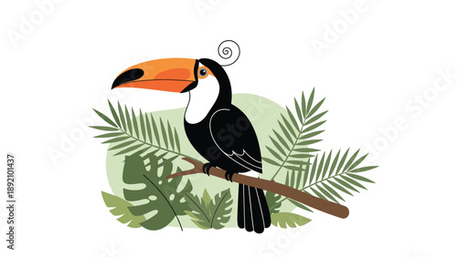 Colorful toucan bird perched on a wooden branch surrounded by tropical palm and monstera leaves for exotic wildlife illustration art and posters.