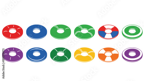 A collection of colorful lifebuoys on a white background for safety and rescue