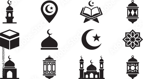 Islamic Icon Set – Ramadan Mosque Moon Quran Solid Vector Symbols