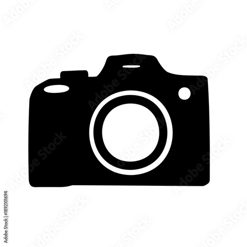 Digital camera icon in solid black vector illustration over white background