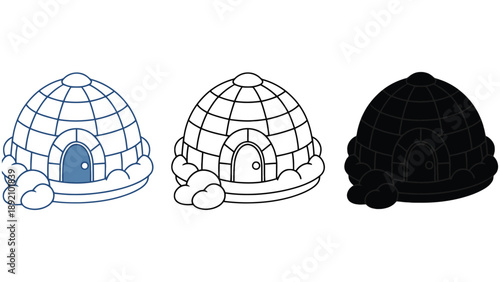 Three igloos in different colors on a white background