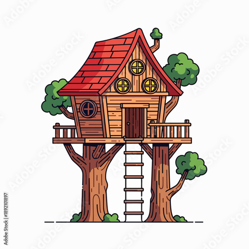 Charming Wooden Treehouse With Ladder and Red Roof Perched High Among Lush Green Trees