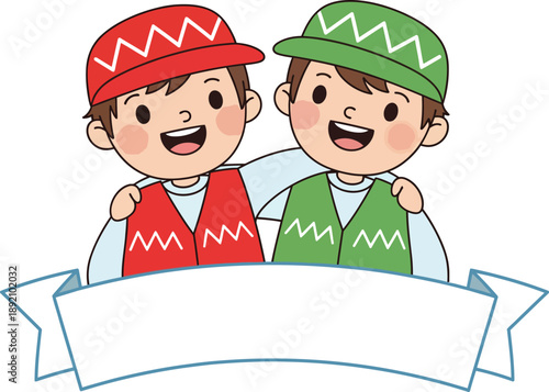 Adorable illustration of two friendly boys in red and green caps and vests smiling together.