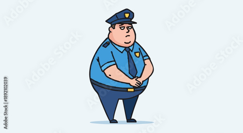 Cartoon Fat Police Officer Standing Uniformed.
