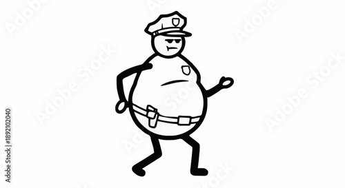 Cartoon Fat Police Officer Walking With Determined Stride.