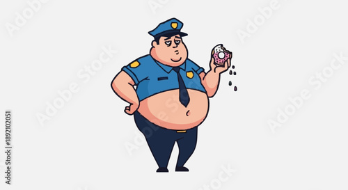Cartoon Fat Policeman Holding Doughnut.