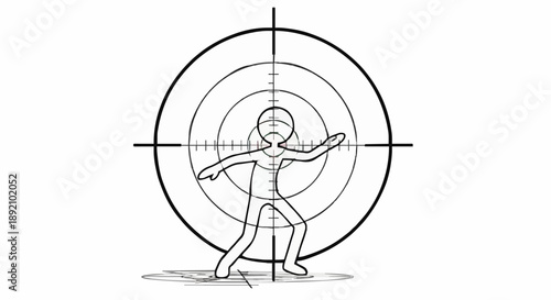Cartoon figure in crosshairs target symbol.
