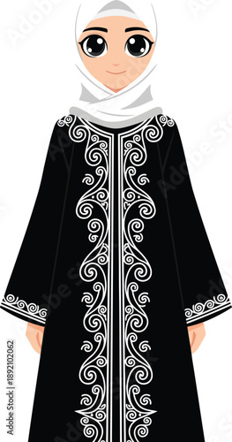 Animestyle Muslim girl in an ornate black abaya with white swirl embroidery and a white hijab.