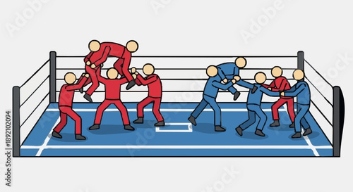 Cartoon illustration of people wrestling in a boxing ring.
