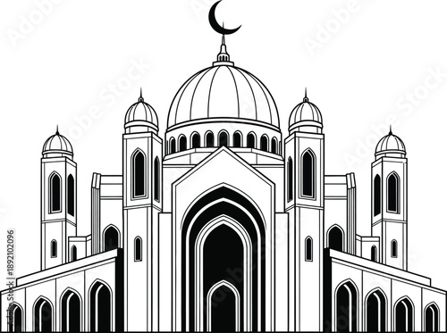 Architectural line art of a grand mosque with a central dome minarets and an Islamic crescent moon symbol.