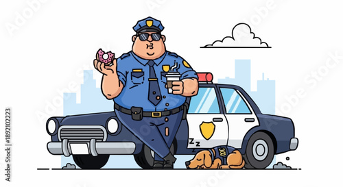 Cartoon Police Officer Enjoying Coffee and Donut Next to Patrol Car.