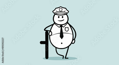 Cartoon Police Officer Holding Baton Standing Confidently.