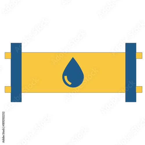 A yellow 
water pipe with blue pillars and a central water droplet icon, symbolizing conservation efforts, viewed from a straightforward perspective.
