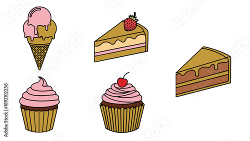 A colorful illustration of various sweet desserts on a white background