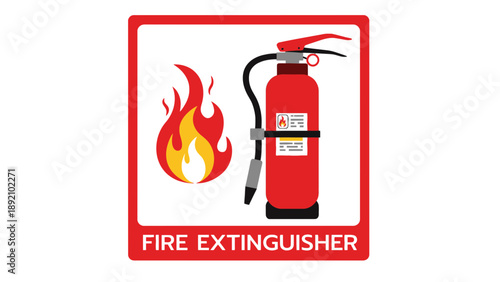A fire extinguisher sign with a red fire extinguisher and flames