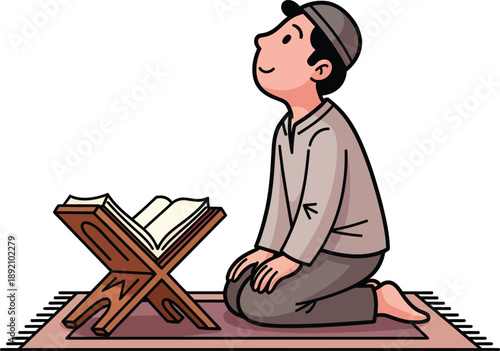 Cartoon illustration of a devout Muslim boy kneeling in prayer on a rug before the Holy Quran.