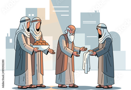 Cartoon illustration of men in traditional Middle Eastern robes giving food and clothing as charity to a bearded elder.