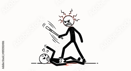 Aggressive stick figure attacking another person with a bat.