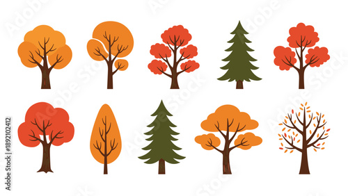 Set of diverse autumn trees in various shapes and shades of orange red and green for seasonal landscape design.
