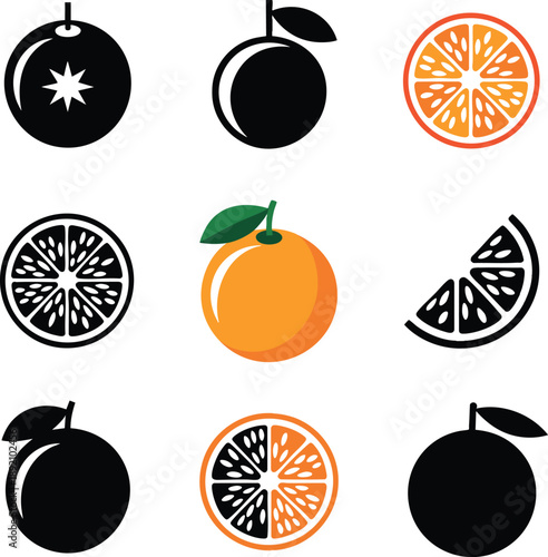 Collection of Orange Fruit Graphics in Color and Black and White, Set of Stylized Orange Icons and Slices, vector, illustration, silhouette.