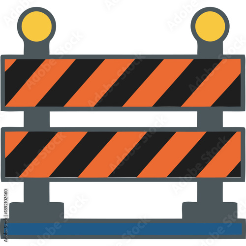 Road barrier with caution signs and diagonal stripes on gray posts and blue base