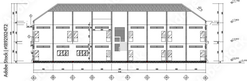 Vector sketch illustration of architectural engineering design drawing of site plan construction section of office building, modern classic classroom with scale size