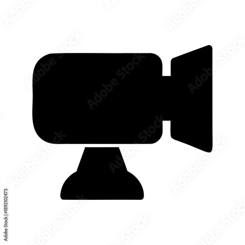 A simple black video camera icon with a solid white background