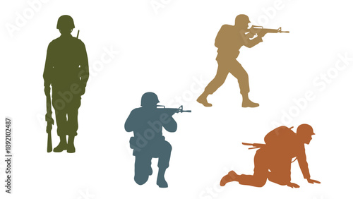 Silhouettes of soldiers in various combat positions on a white background