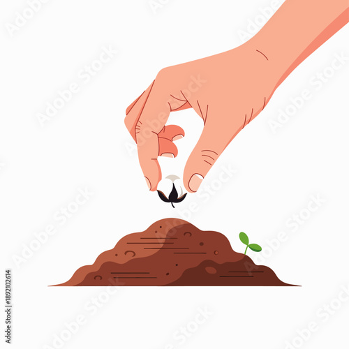 Hand planting a cotton seed into fertile soil for new growth and agricultural development
