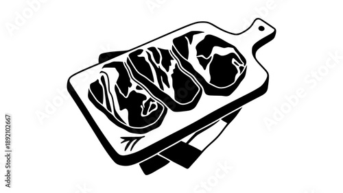 A black and white illustration of steaks on a cutting board