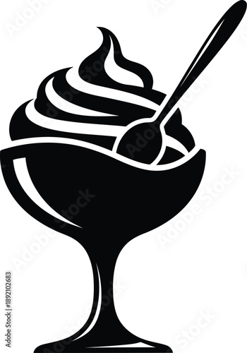 Ice cream sundae in glass cup with spoon black silhouette icon isolated on transparent background sweet dessert symbol