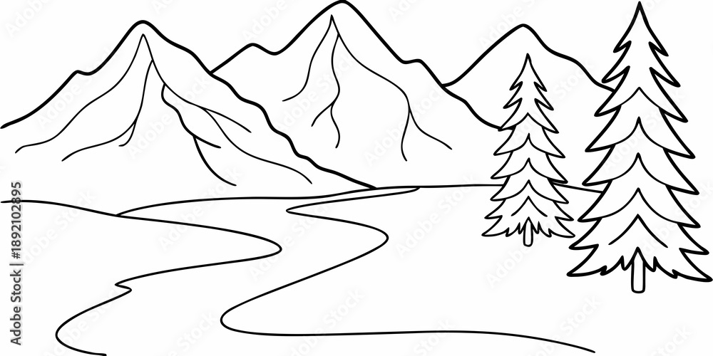 Fototapeta premium A simple line drawing depicting mountains trees and a winding river