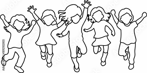 A line of children with arms raised depicted in a simple outline style