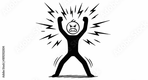 Angry Stick Figure Expressing Rage With Lightning Bolts.