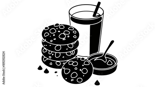 A black and white illustration of cookies and a glass of milk