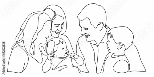 Line art depiction of a family with a mother father and two children