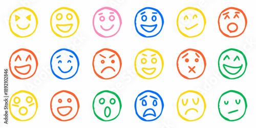 Collection of colorful hand drawn style emoji faces displaying various emotions