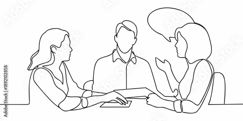 Continuous line drawing of three people in a conversational setting