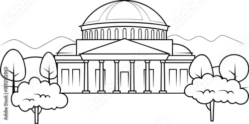 Line drawing of a classical building with columns and a dome