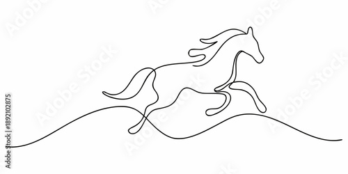 A continuous line drawing depicts a horse in mid gallop