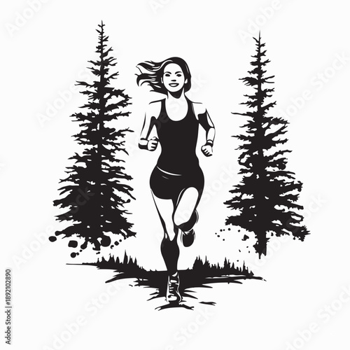 Female Runner Competing in Outdoor Forest Marathon Silhouette Vector