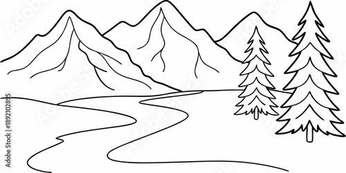 A simple line drawing depicting mountains trees and a winding river