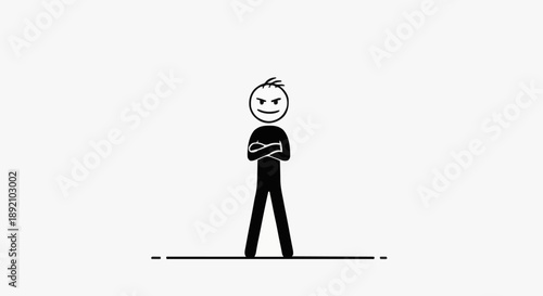 Angry Stick Figure Standing Arms Crossed White Background.